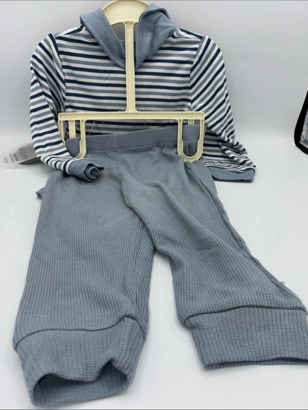 Milkberry Bamboo 2pc Blue White Striped Baby Polo Bodysuit Knit Pants 6-9 Months